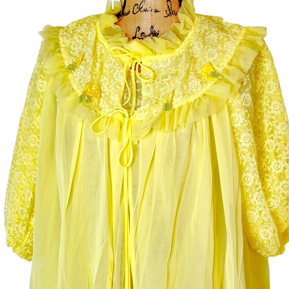 Vintage 60 70s Matching Peignoir Lace sheer Chiffon Set Size Large Medium Yellow - Picture 10 of 16